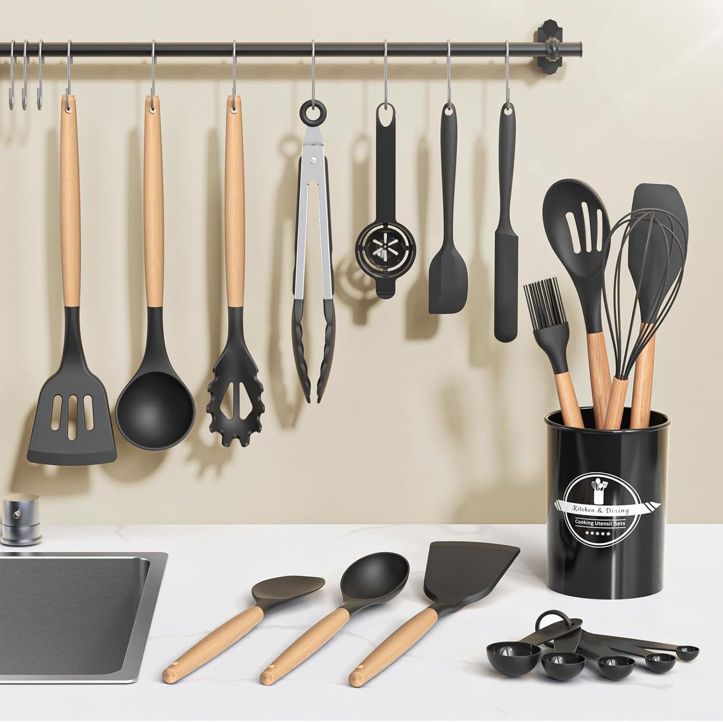 Kitsure Kitchen Utensils Set - 30 PCS, Silicone Cooking Utensils Set with Holder, 446℉ Heat-Resistant Silicone Kitchen Utensils Set with Wooden Handle for Non-Stick Cookware, Black（4011）