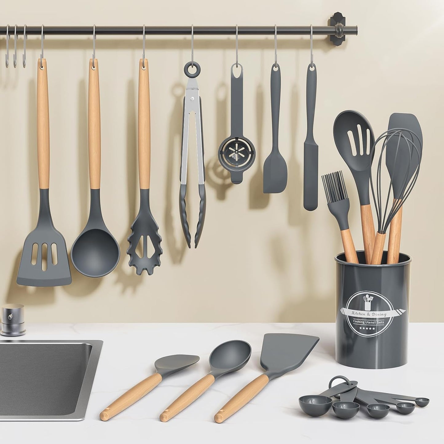 Kitsure Kitchen Utensils Set - 30 PCS, Silicone Cooking Utensils Set with Holder, 446℉ Heat-Resistant Silicone Kitchen Utensils Set with Wooden Handle for Non-Stick Cookware, Black（4011）