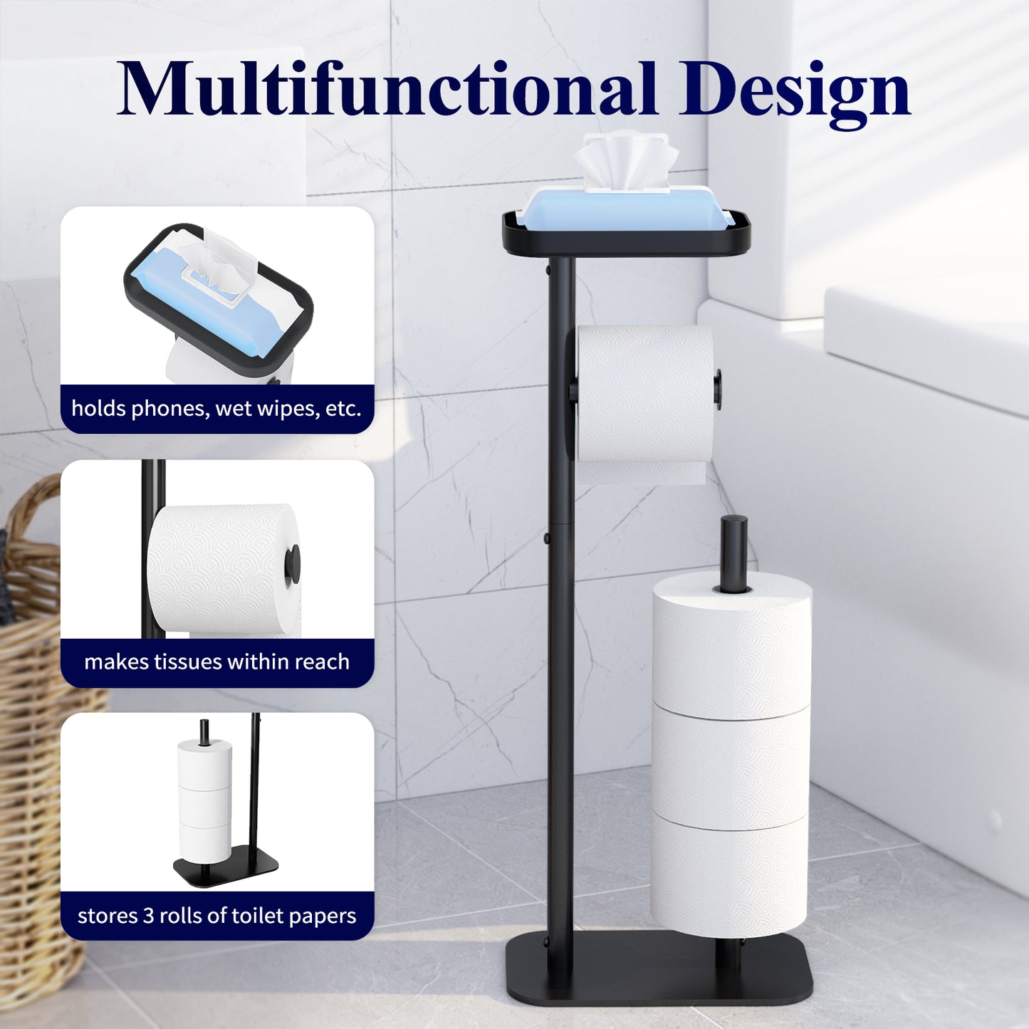 Toilet Paper Holder Free Standing - Multifunctional & Rustless