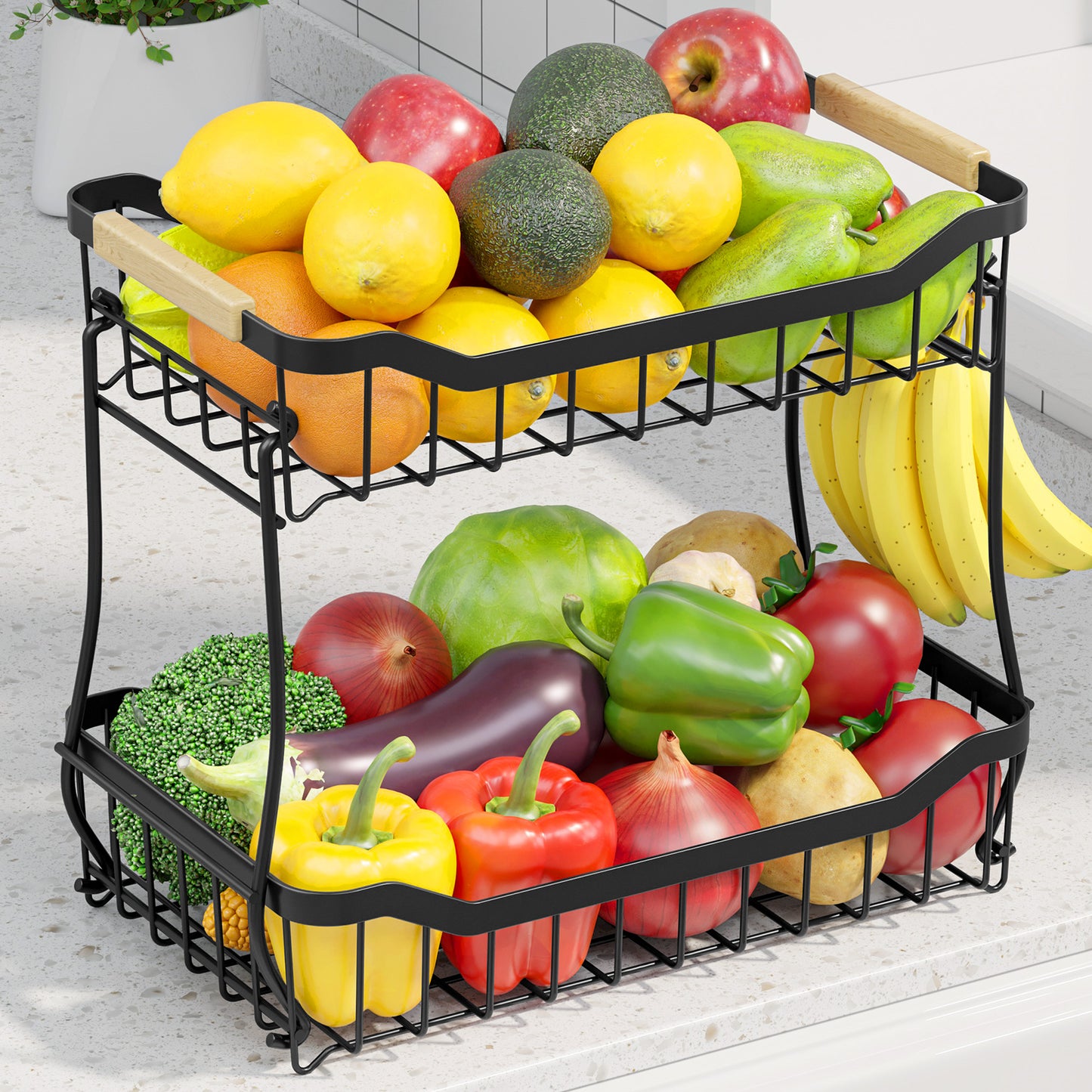 Fruit Basket - 2 Tier Fruit Basket for Kitchen Counter  8.4"D x 14.3"W x 11.0"H