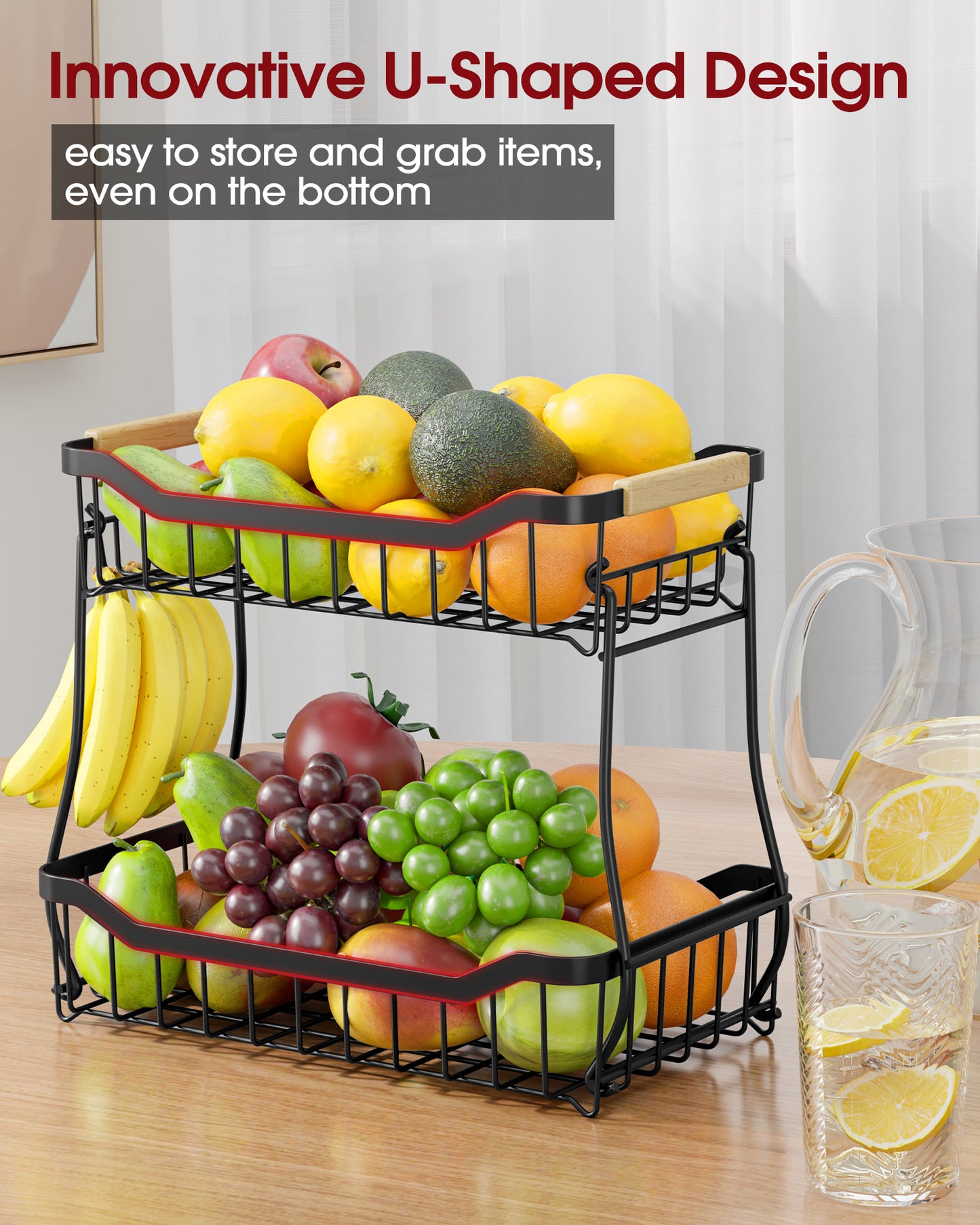 Fruit Basket - 2 Tier Fruit Basket for Kitchen Counter  8.4"D x 14.3"W x 11.0"H