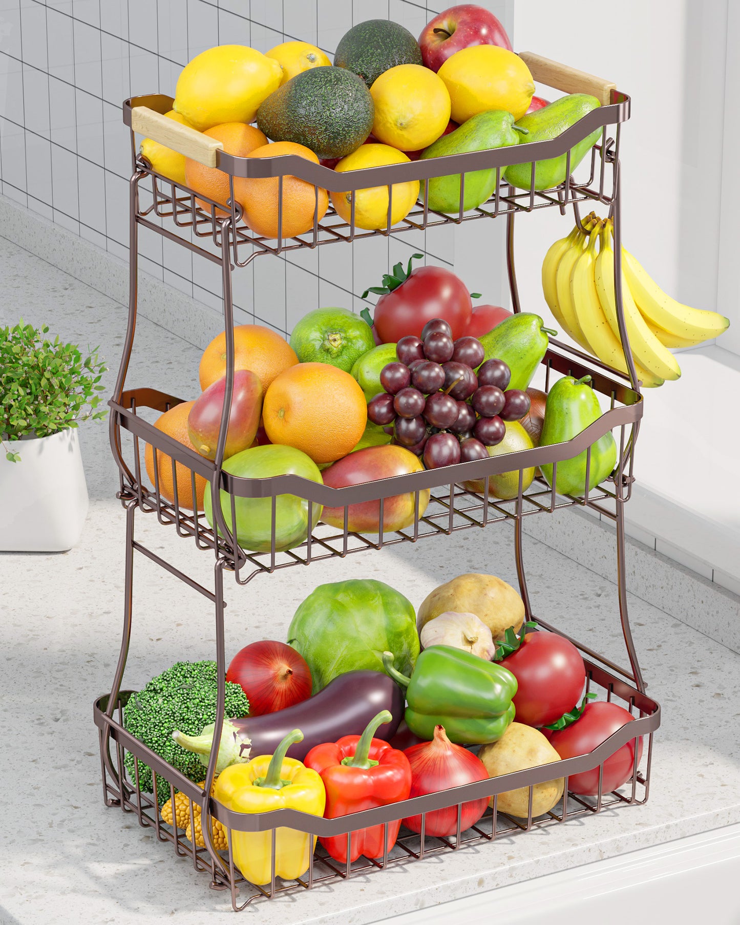 Fruit Basket - 2 Tier Fruit Basket for Kitchen Counter  8.4"D x 14.3"W x 11.0"H