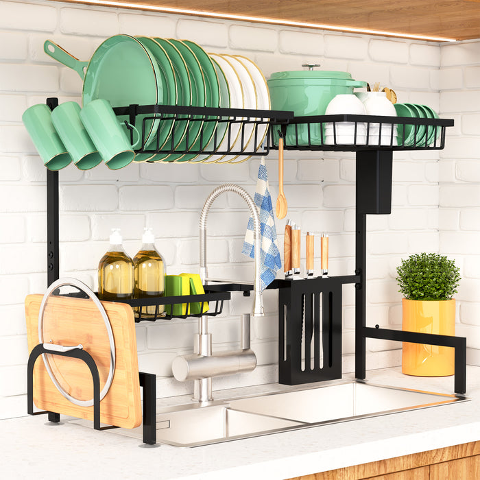 Kitsure Over The Sink Dish Drying Rack - 23.6" to 35"x21.2", Adjustable Sink Drying Rack for Kitchen Sink with Large Capacity, 2-Tier Dish Rack Over Sink with Multifunctional Baskets,Black(4184)