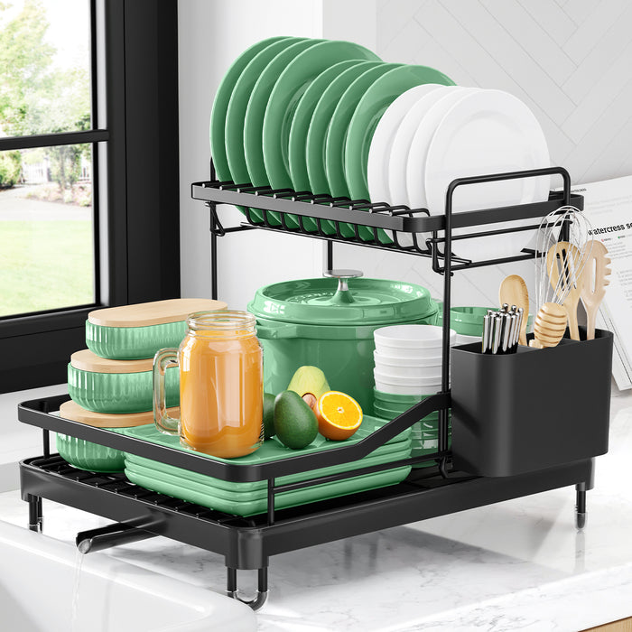 Kitsure Dish Drying Rack - Dish Racks for Kitchen Counter, 2-Tier Dish Rack w/a Cutlery Holder, Compact Dish Drainers for Kitchen Counter, Stainless Drying Rack for Kitchen（4033）