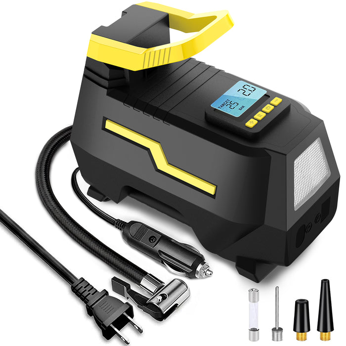 Compact Tire Inflator - Portable 12V DC Air Compressor with Auto Shutoff, LED Light, and Multiple Nozzles, Essential Car Accessory for Quick Inflation