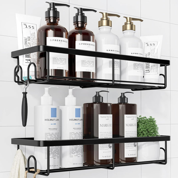 Kitsure Shower Caddy - 2 Pack Rustproof Shower Organizer, Drill-Free & Quick-Dry Shower Shelves for inside Shower with Large Capacity, Durable Stainless Steel Shower Rack with 4 Hooks, Black (4167)