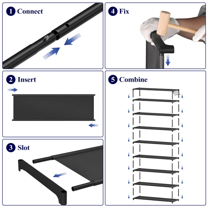 Kitsure 9-Tier Tall Shoe Rack for Closet - Shoe Organizer with Hook Rack, Large-Capacity of 36-45 Pairs, Metal Space-Saving Shoe Shelf for Entryway, Closet, Garage, Bedroom, Cloakroom，Black（4002）