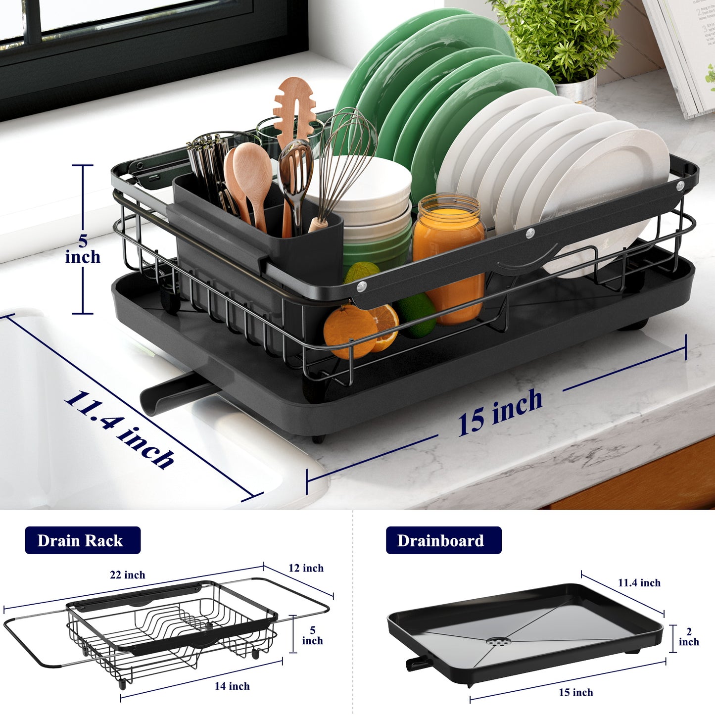 Kitsure Dish Drying Rack- Space-Saving Dish Rack, Dish Racks for Kitchen Counter and Sink, Stainless Steel Kitchen Drying Rack with a Cutlery Holder,12''W x 14''~23''L（4003）