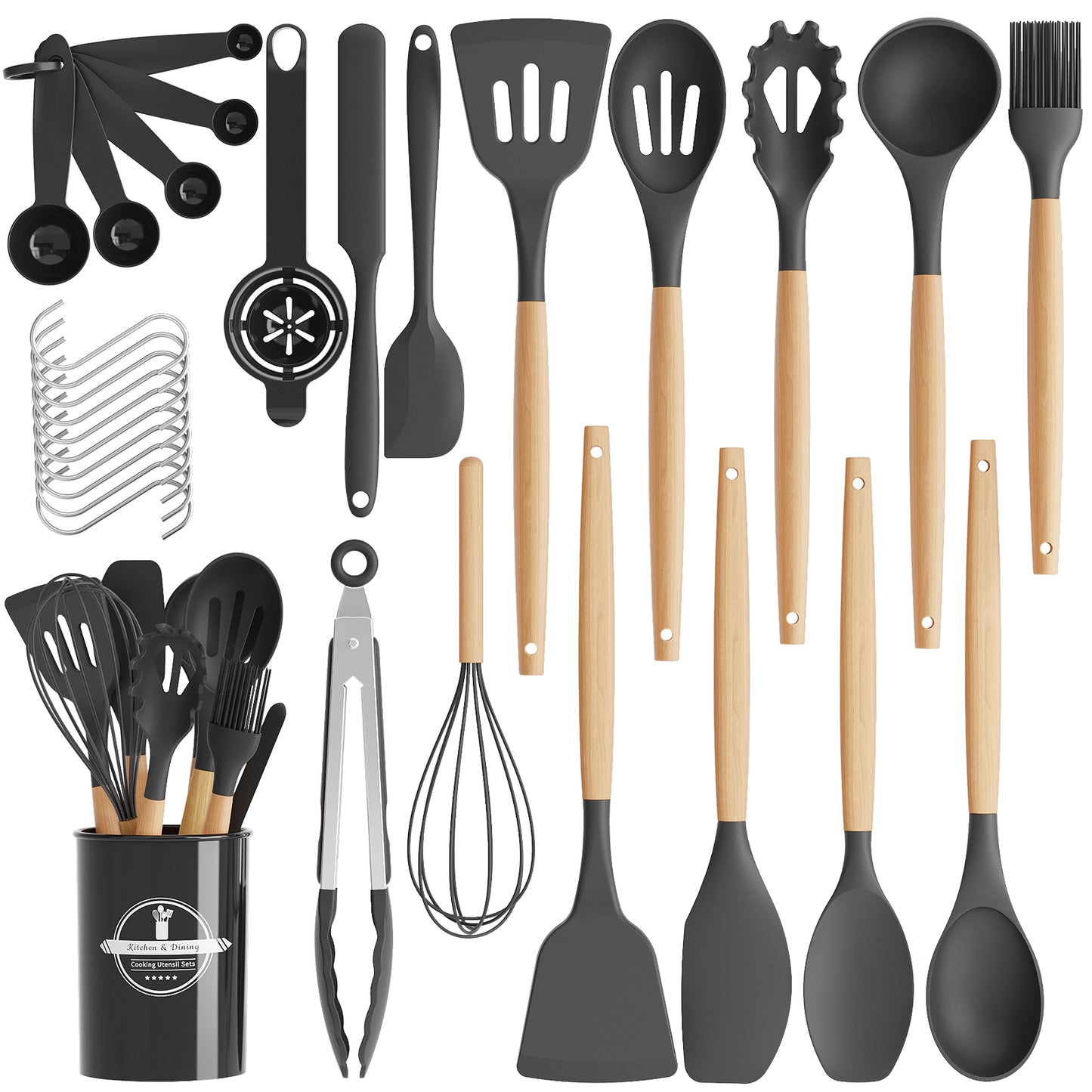 Kitsure Kitchen Utensils Set - 30 PCS, Silicone Cooking Utensils Set with Holder, 446℉ Heat-Resistant Silicone Kitchen Utensils Set with Wooden Handle for Non-Stick Cookware, Black（4011）