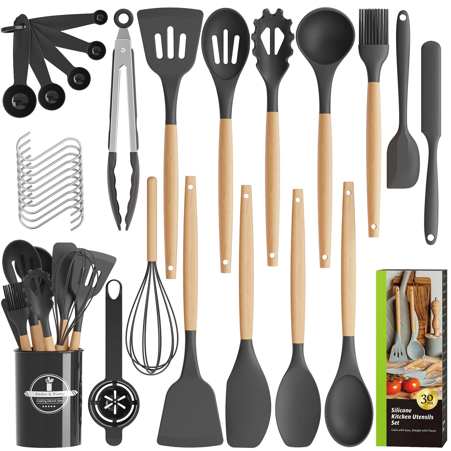 Kitsure Kitchen Utensils Set - 30 PCS, Silicone Cooking Utensils Set with Holder, 446℉ Heat-Resistant Silicone Kitchen Utensils Set with Wooden Handle for Non-Stick Cookware, Black（4011）