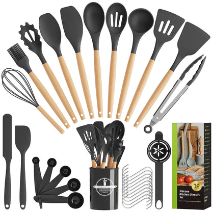 Kitsure Kitchen Utensils Set - 30 PCS, Silicone Cooking Utensils Set with Holder, 446℉ Heat-Resistant Silicone Kitchen Utensils Set with Wooden Handle for Non-Stick Cookware, Black（4011）