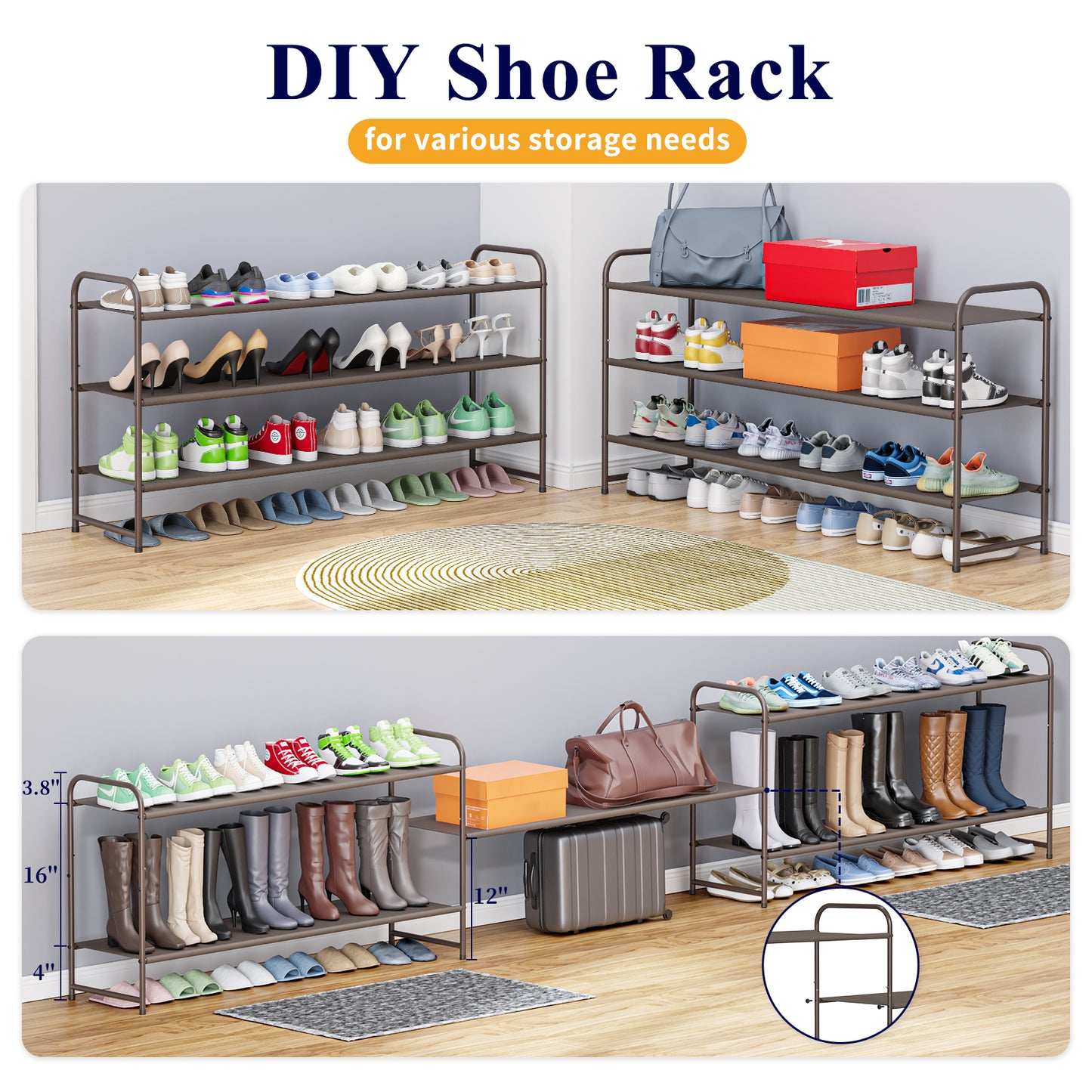 3 Tier Long Shoe Rack For Closet Stackable Wide Shoe Shelf Organizer