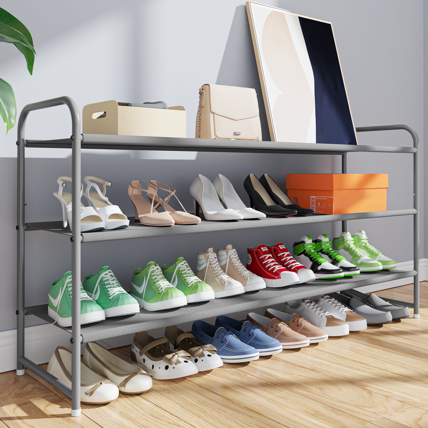3 Tier Long Shoe Rack For Closet Stackable Wide Shoe Shelf