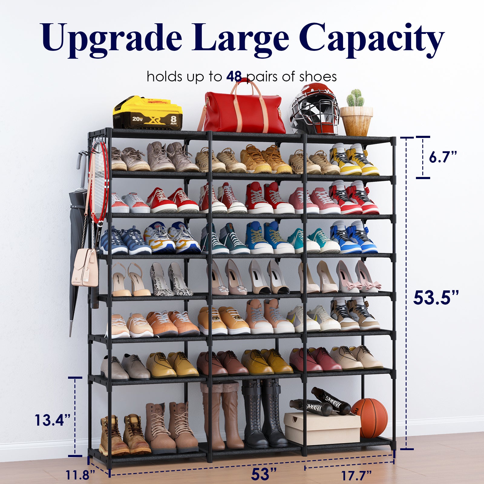 Vertical Shoe Rack, 8 Tier Shoe Storage Organizer with Hooks, Narrow Shoe  Rack