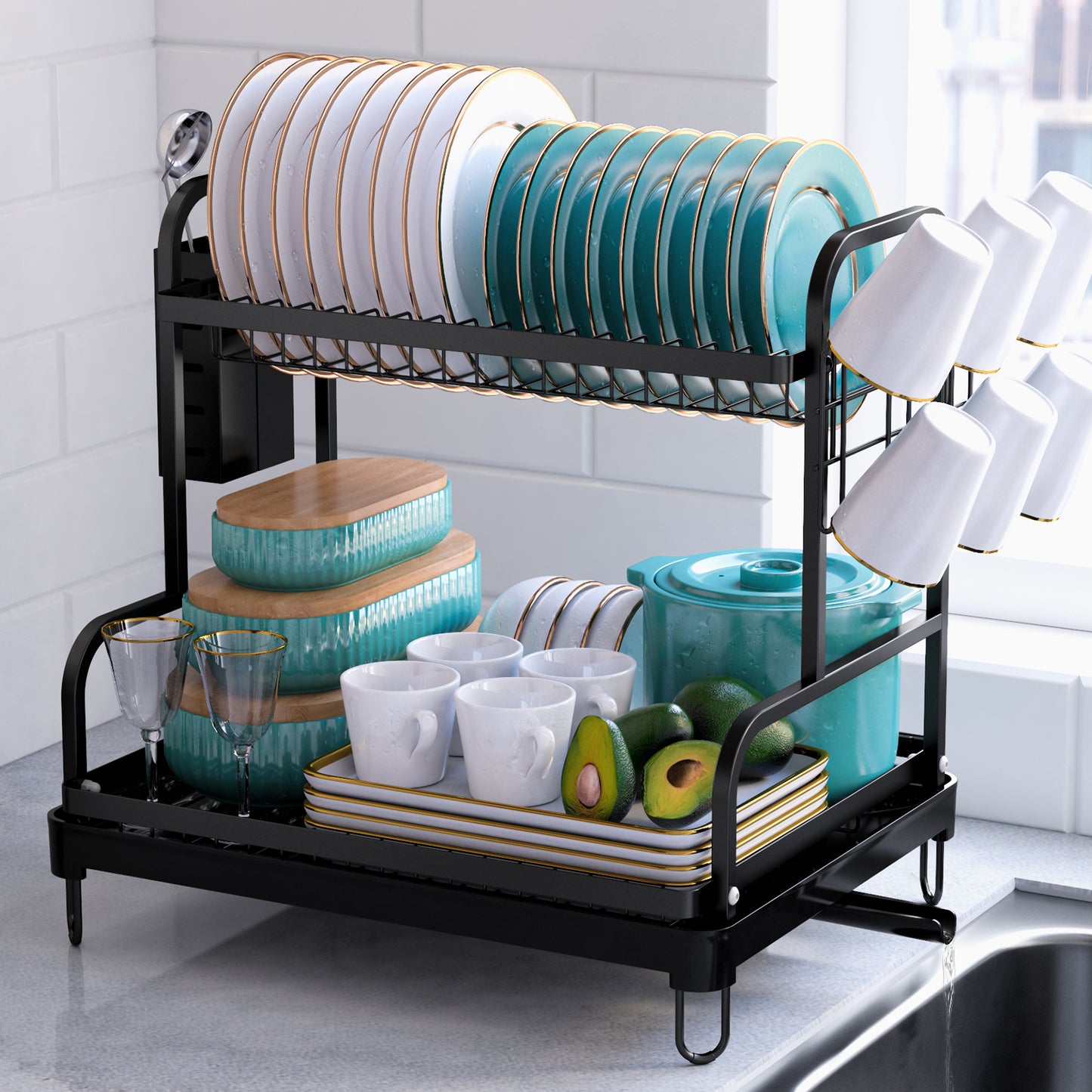 Large 2-Tier Dish Rack with Wine Glass Holder, Utensil Holder and