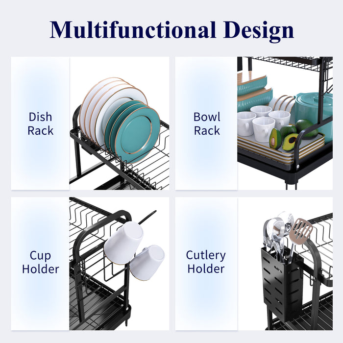 Kitsure Dish Drying Rack - Multipurpose 2-Tier Dish Rack, Dish Drainers for Kitchen Counter, Large-Capacity Dish Dryer, Kitchen Drying Rack for Dishes w/Cutlery Holder 4064BL（4064）