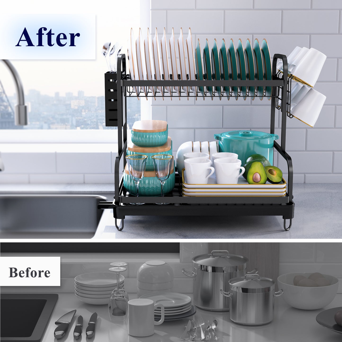 2-Tier Over Sink Dish Drying Rack Drainer Shelf Stainless Steel Cutlery  Holder