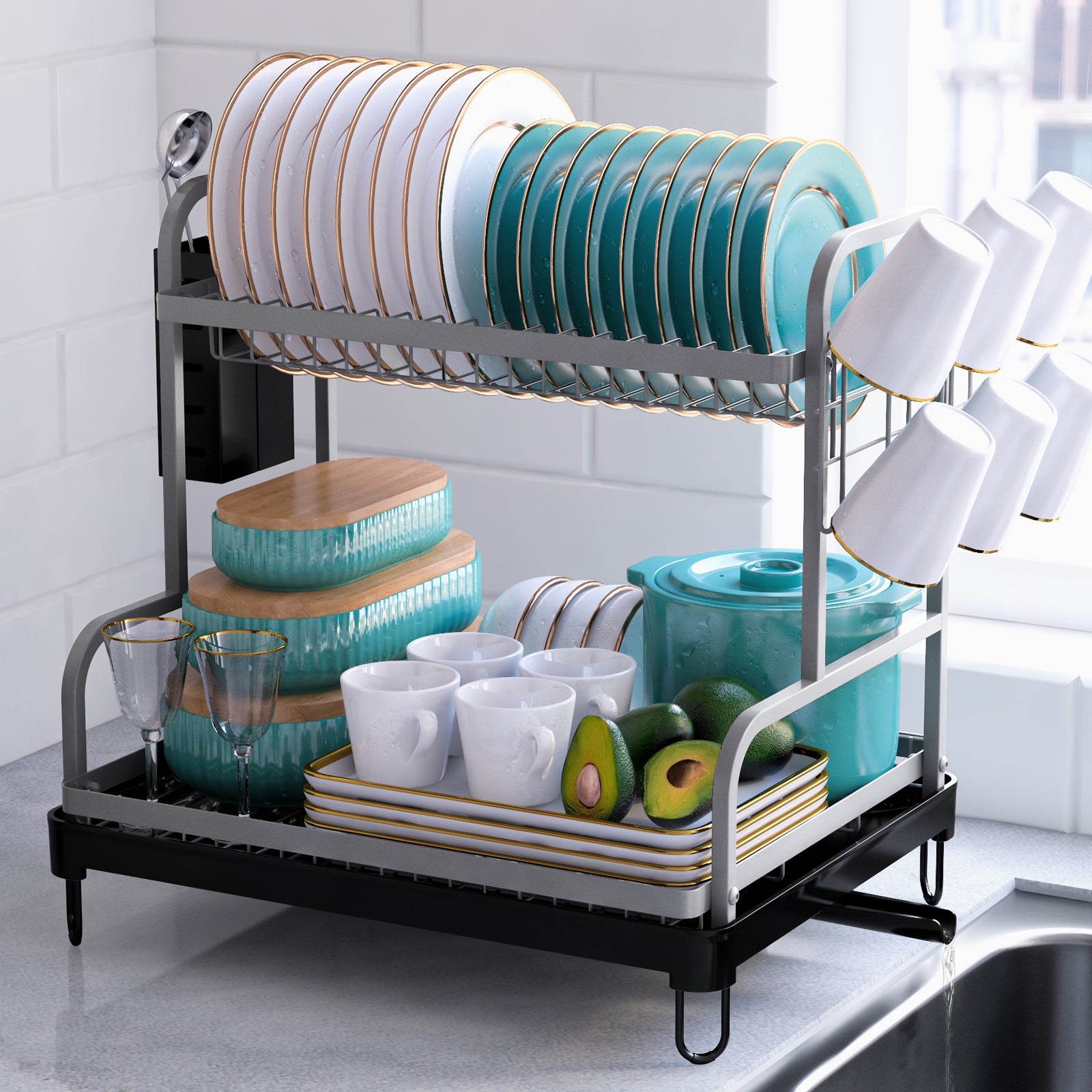 Black 2 tier online dish rack