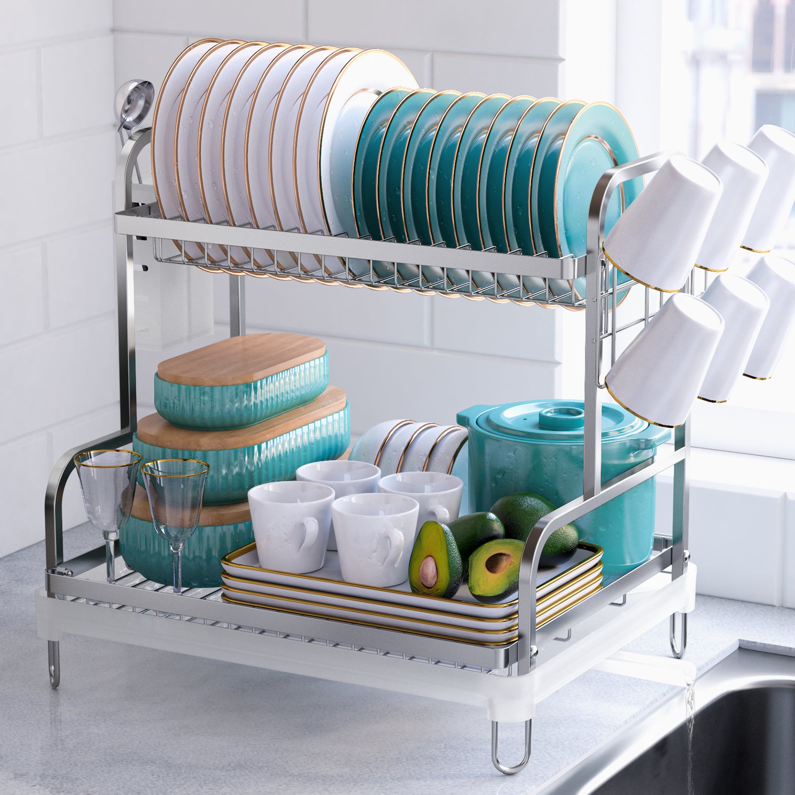 Kitsure Over-The-Sink Dish Drying Rack 2-Tier with Adjustable