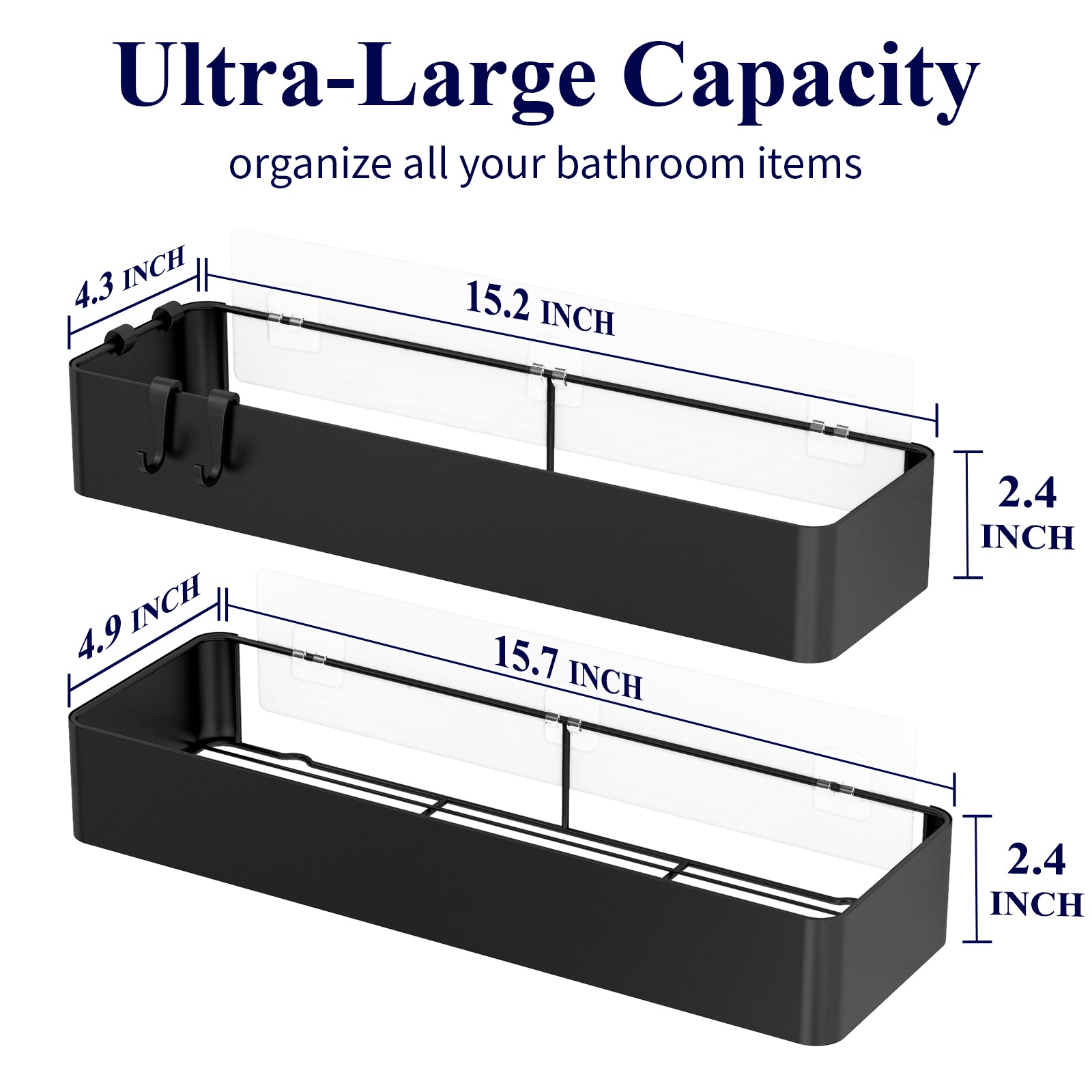 Cucino Extra-Large Shower Caddy 2-Pack - 16-inch Rust-Resistant Black Shower Shelves for Inside Shower, Adhesive Organizer with 4 Removable Hooks