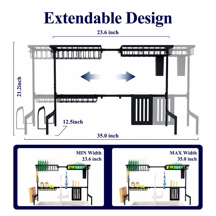 Kitsure Over The Sink Dish Drying Rack - 23.6" to 35"x21.2", Adjustable Sink Drying Rack for Kitchen Sink with Large Capacity, 2-Tier Dish Rack Over Sink with Multifunctional Baskets,Black(4184)