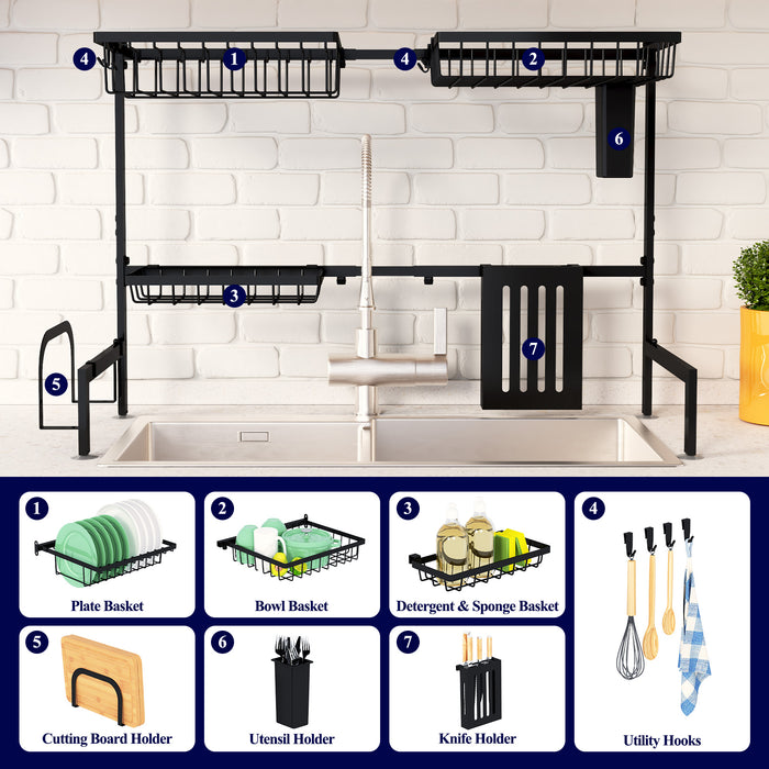 Kitsure Over The Sink Dish Drying Rack - 23.6" to 35"x21.2", Adjustable Sink Drying Rack for Kitchen Sink with Large Capacity, 2-Tier Dish Rack Over Sink with Multifunctional Baskets,Black(4184)