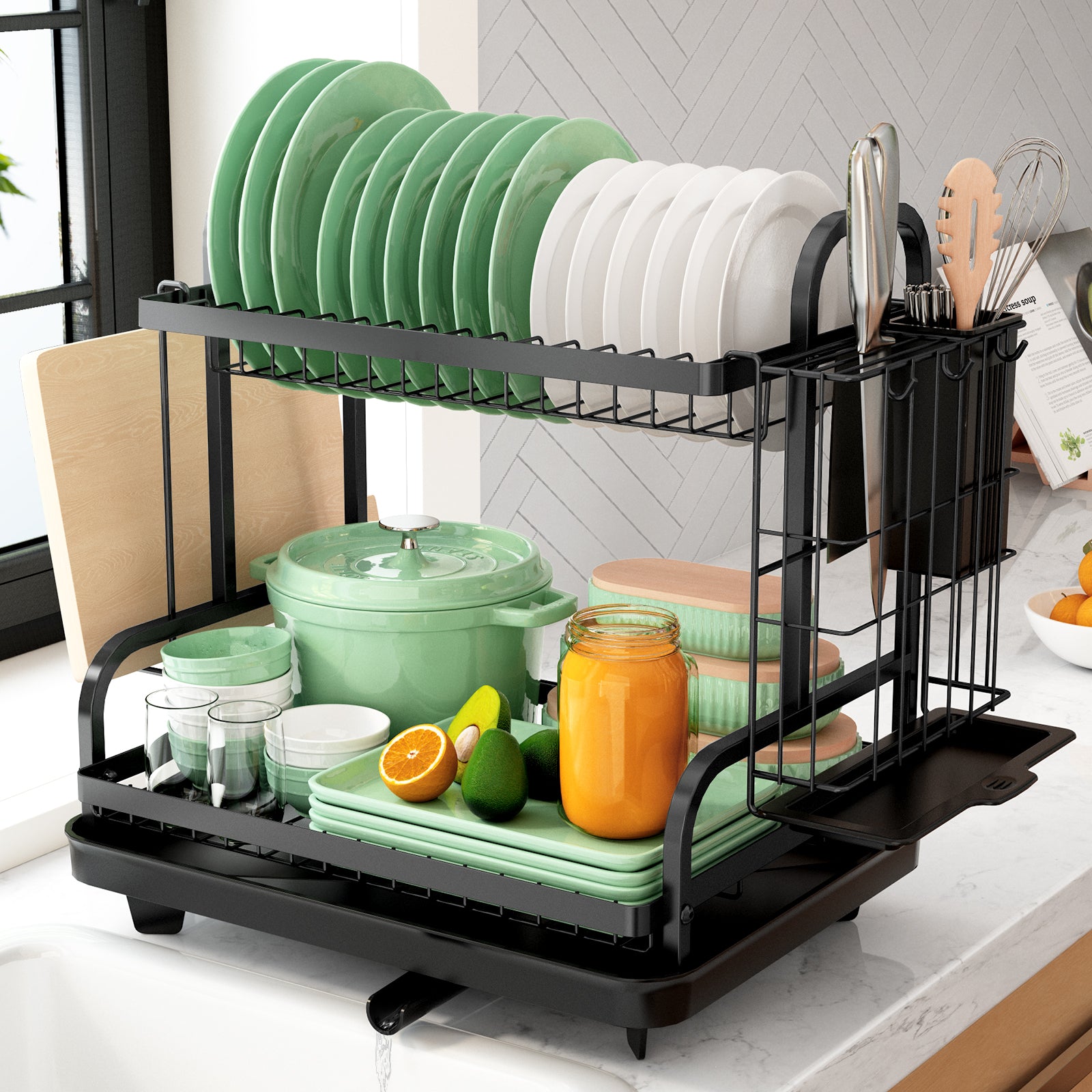 Extendable Dish Drying Rack - Small Dish Rack for Kitchen Counter,  Stainless Steel Dish Drainer with Drainboard and Cutlery Holder, Drying  Dish Rack