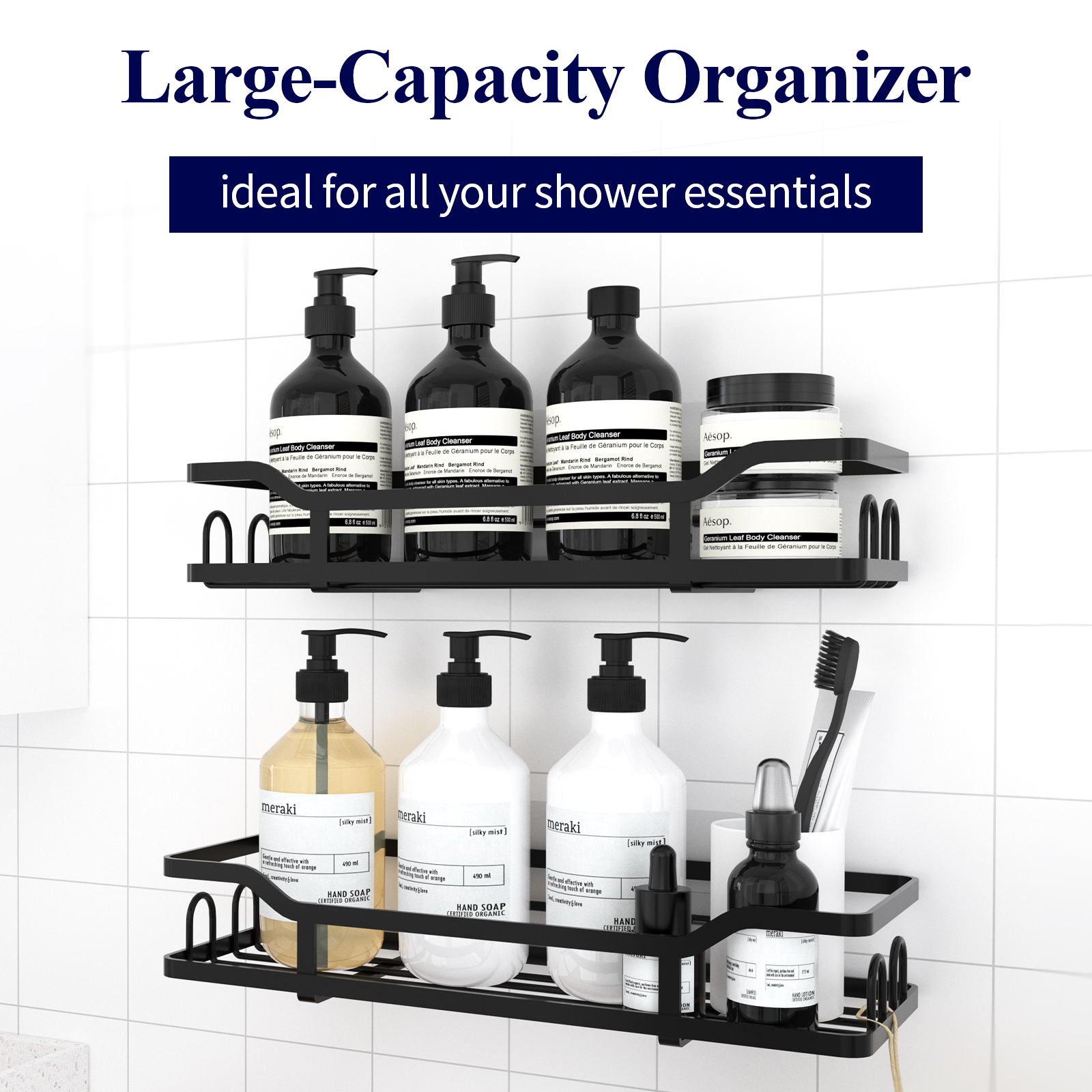  Kitsure Large Shower Caddy - 2 Pack Adhesive Shower Organizer,  No Drill Shower Shelves for Inside Shower, Rustproof Stainless Steel Shower  Rack for Bathroom, Apartment Essentials, Black : Home & Kitchen