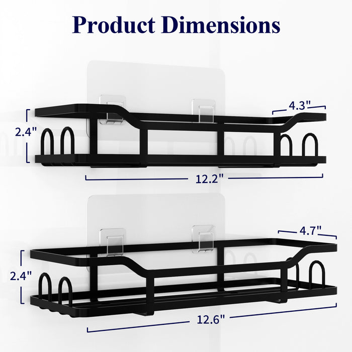 Kitsure Shower Caddy, Max Size - 12.6'' x 4.7'' x 2.4'' No Drilling Shower Organizer with 8 Hooks, Rustproof Stainless Steel Shower Shelf for Inside Shower, Shower Rack for Bathroom, Black - 2 Pack（467）