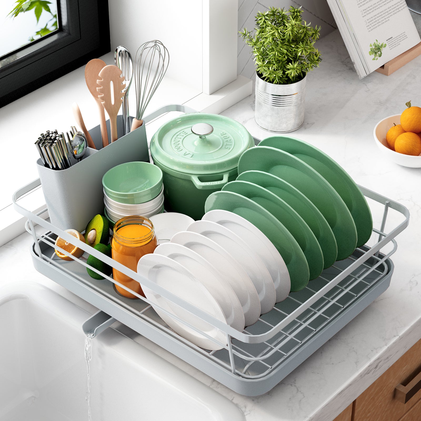 Dish Drying Rack Small Dish Rack with Tray Compact Cutlery Basket for Kitchen  Counter Cabinet Rust