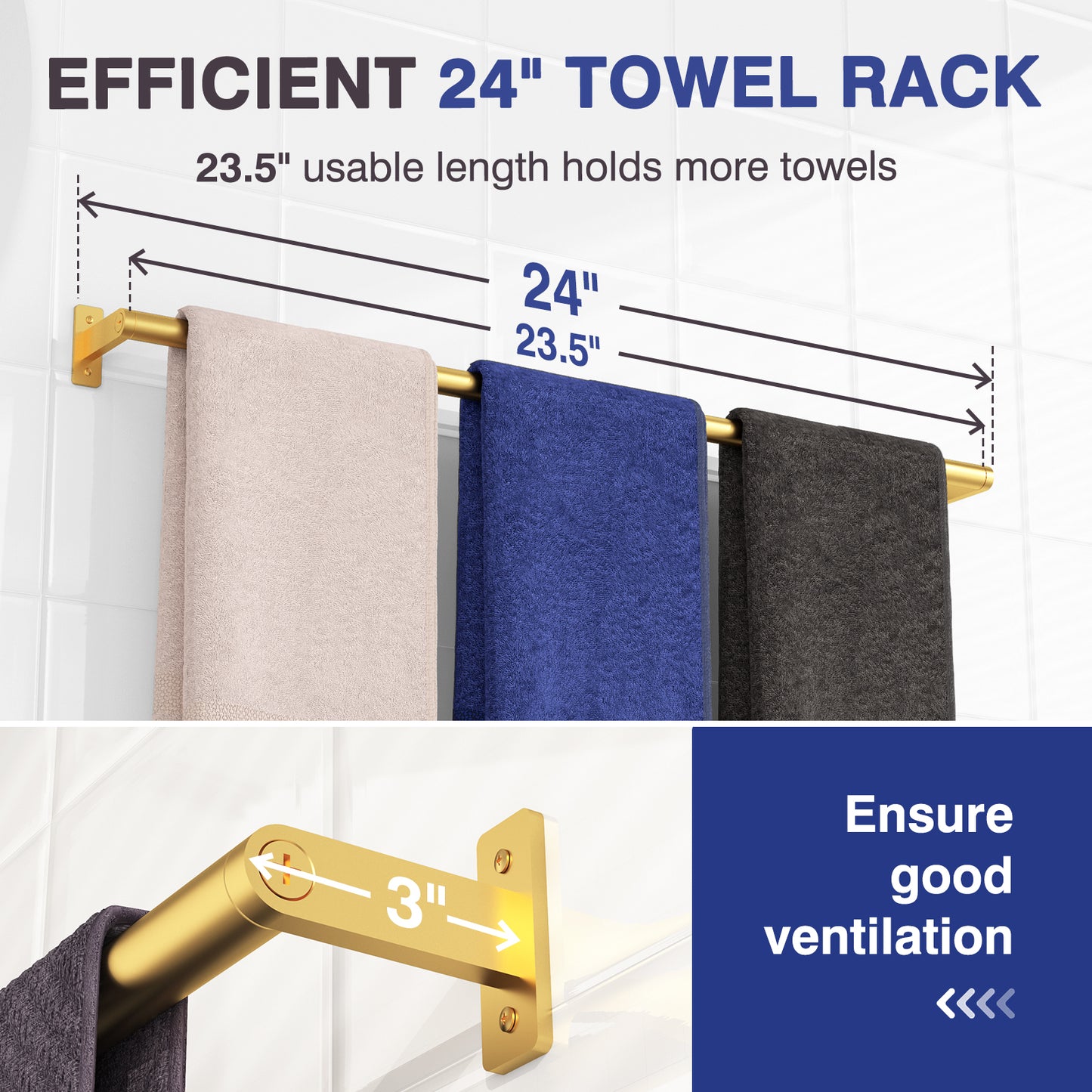 Towel Rack for Bathroom - 24" Rustproof Towel Holder