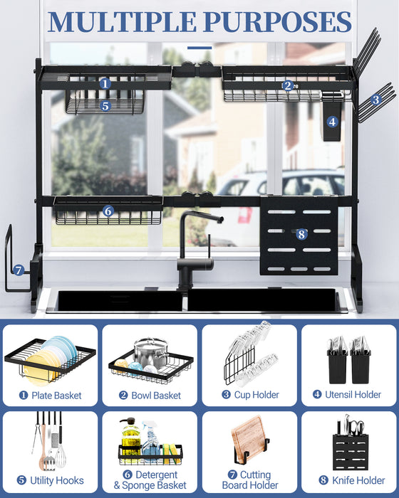 Kitsure Dish Drying Rack - Adjustable & Space-Saving Dish Rack (25.5-35.5in), Over-The-Sink Dish Drying Rack, Multifunctional Kitchen Dish Drying Rack, Stainless Steel Dish Drying Rack,Black(484)